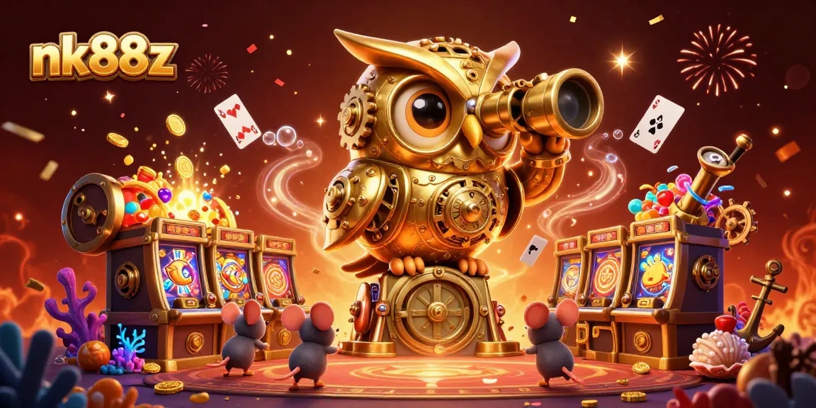 Engage with nk88z in a vibrant 3D casino illustration showcasing a golden owl and lively slot machines with treasures.