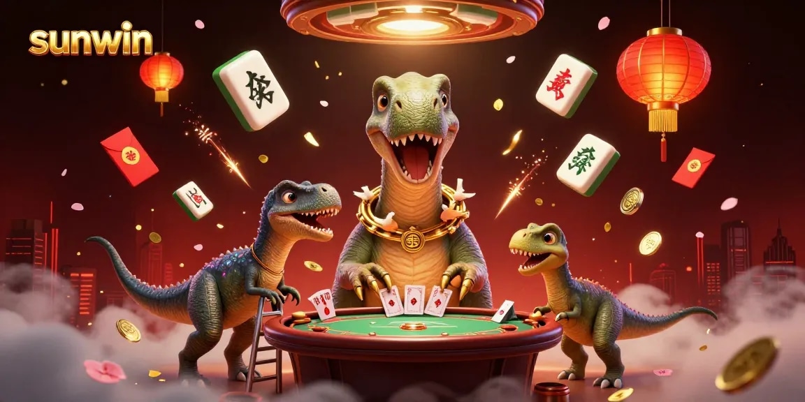 Experience the excitement of sunwin casino with a vibrant showdown featuring a tall brontosaurus and clever raptor at the poker table.