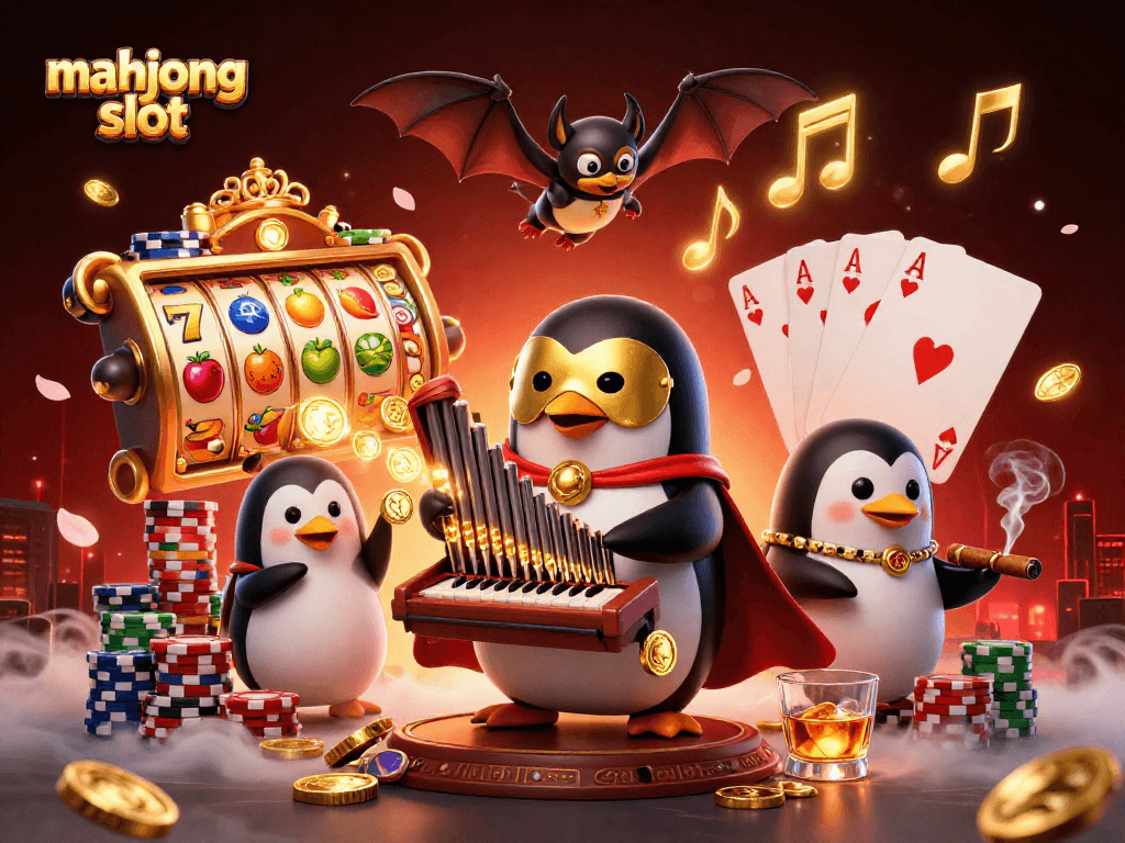 Spin the reels and win with mahjong slot, featuring a dynamic scene with a whimsical penguin and gold coins.