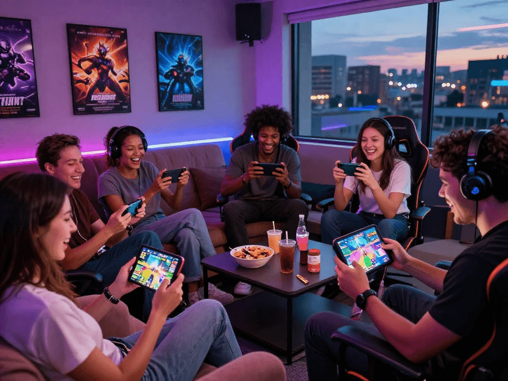 Group enjoying mobile porn games in a vibrant gaming lounge setting.