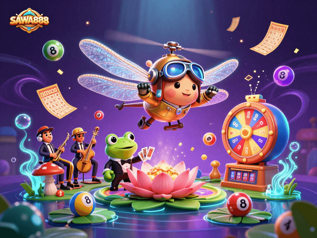 Join the fun at SAWA888 as the dragonfly pilot oversees the lily pad casino with a frog dealer!