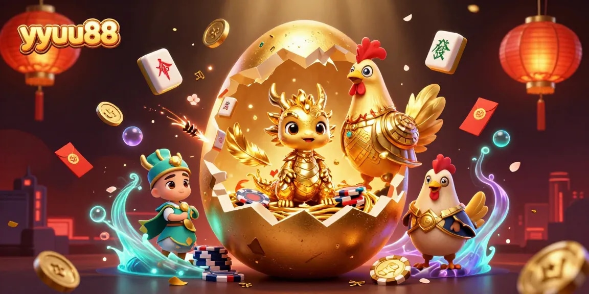 Engage with yyuu88's vibrant casino scene showing a golden dragon amidst poker chips and festive decor.