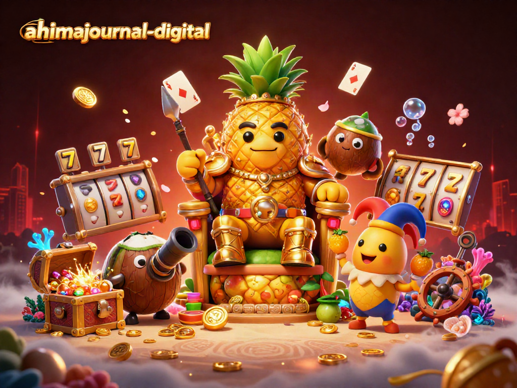 Engage with ahimajournal-digital as the golden pineapple king and friends celebrate casino fun filled with gold and gems.