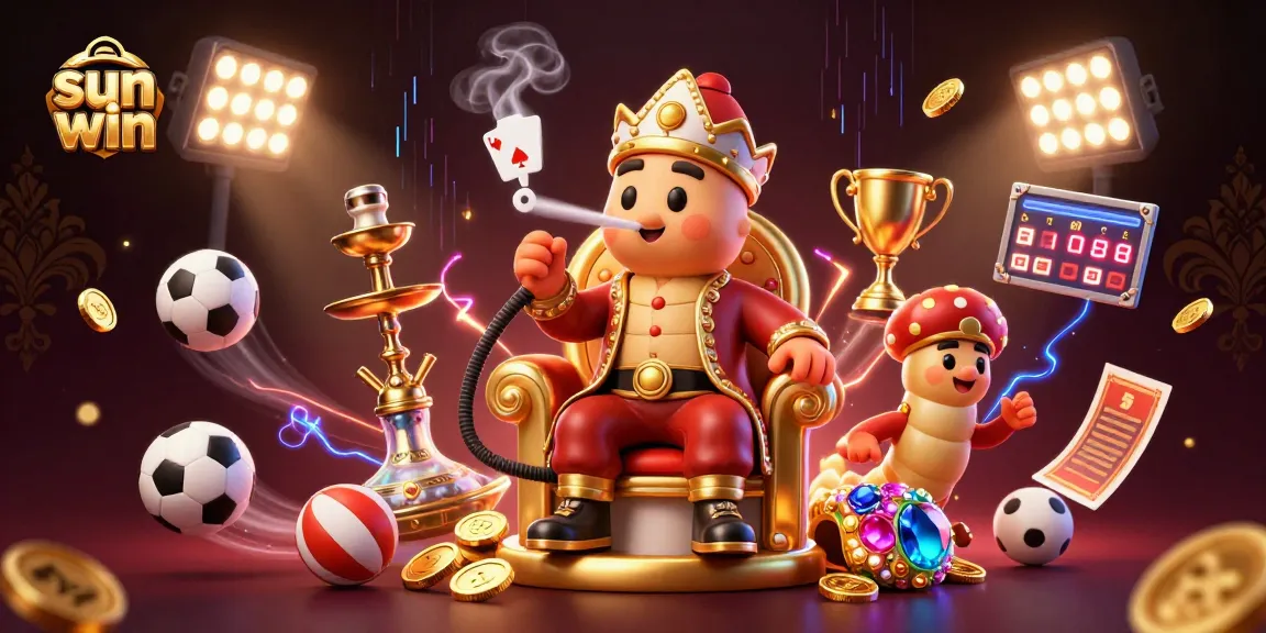Experience sun win as a cartoon hookah master presides over a vibrant casino-themed scene.