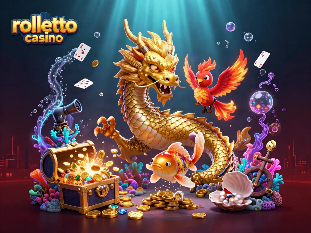 Experience rolletto casino with a dynamic scene of a dragon, phoenix, and koi fish amidst casino elements.