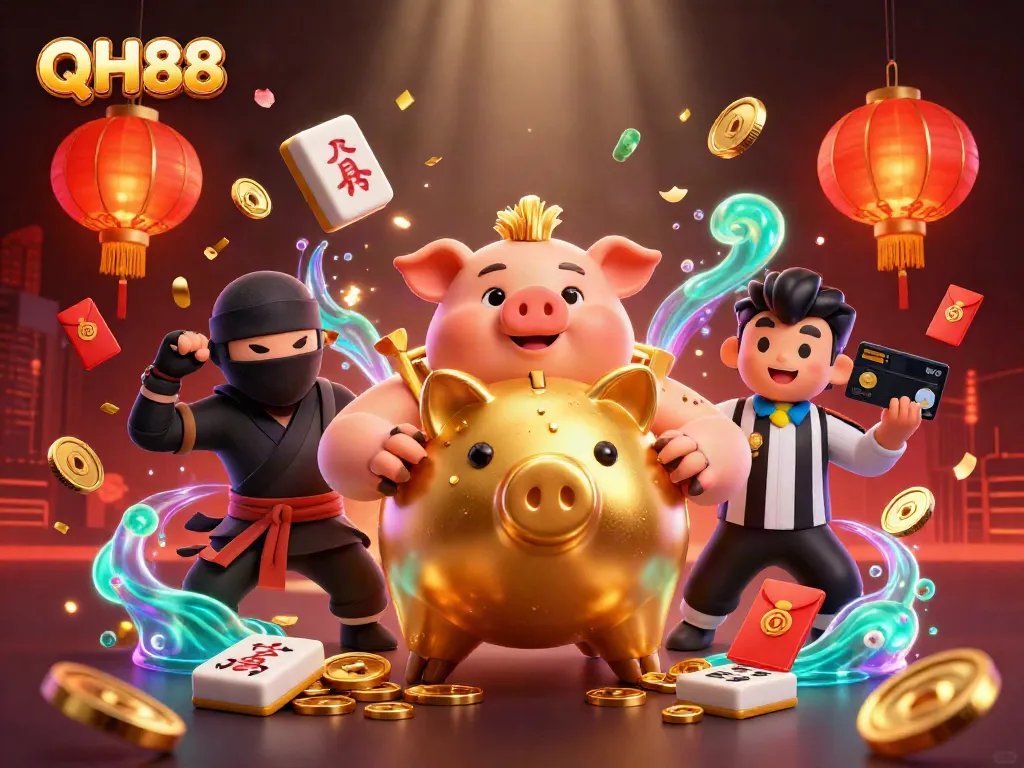 QH88 showcases fun and excitement with golden piggy bank sumo wrestler in a vibrant casino scene filled with energy.