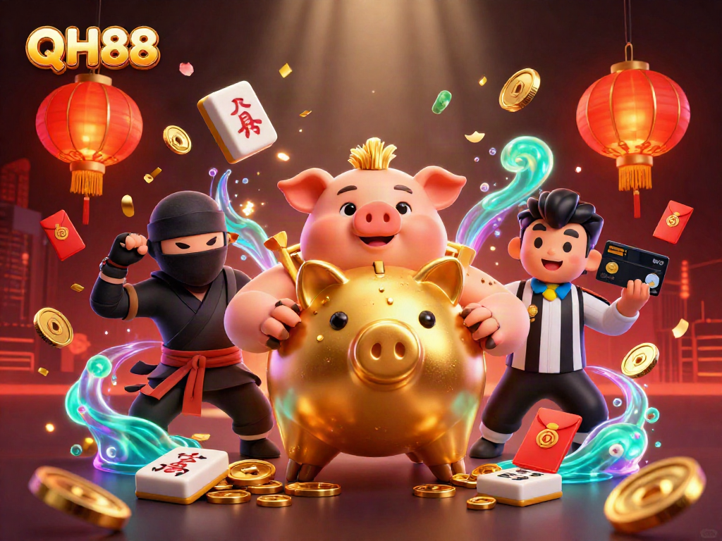QH88 showcases fun and excitement with golden piggy bank sumo wrestler in a vibrant casino scene filled with energy.