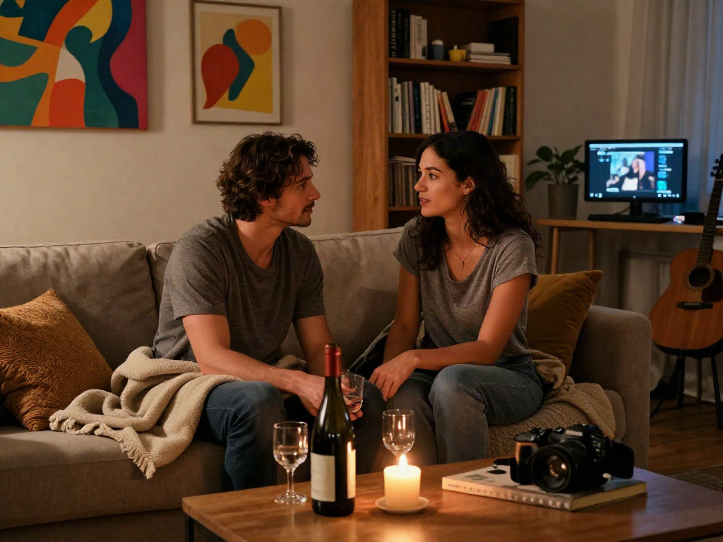 Couple enjoying intimate moment, discussing sex ai concepts in cozy setting.