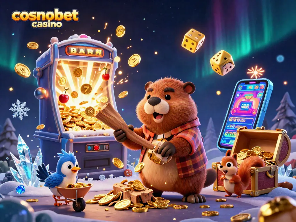 Experience fun at cosmobet casino with a beaver chopping for coins amidst a slot machine explosion.