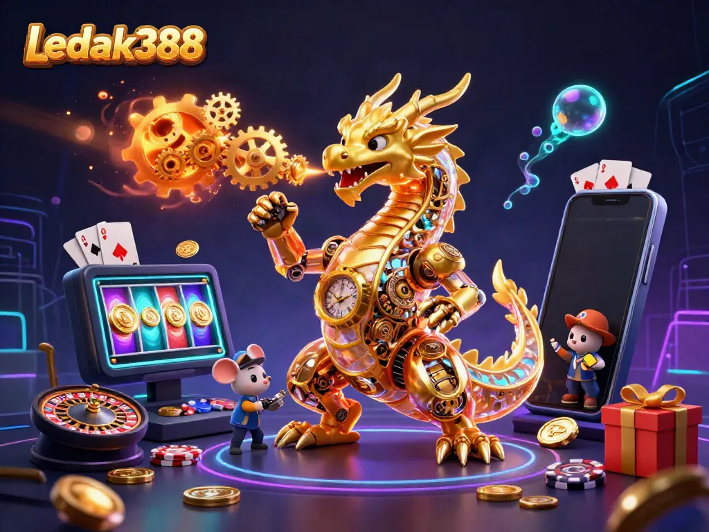Experience thrilling slots and games on Ledak388 with a vibrant dragon scene enriched with action and gold!