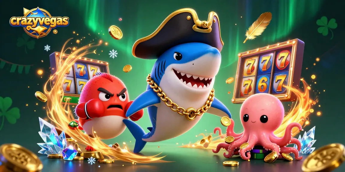 Spin and win big at crazyvegas with this vibrant, engaging 3D casino scene featuring a pirate shark and friends.