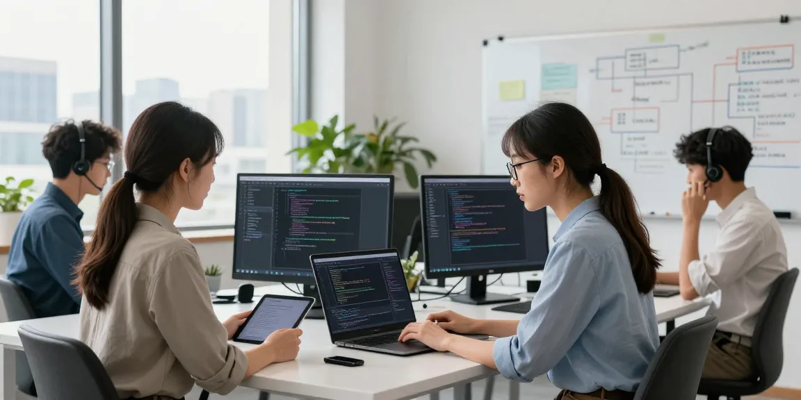 Programmer utilizing instant indexing software in a modern collaborative office space.