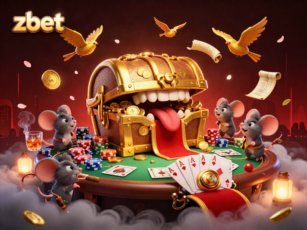 Zbet engages adventure with a cartoon treasure chest and poker elements amid vibrant casino artistry.