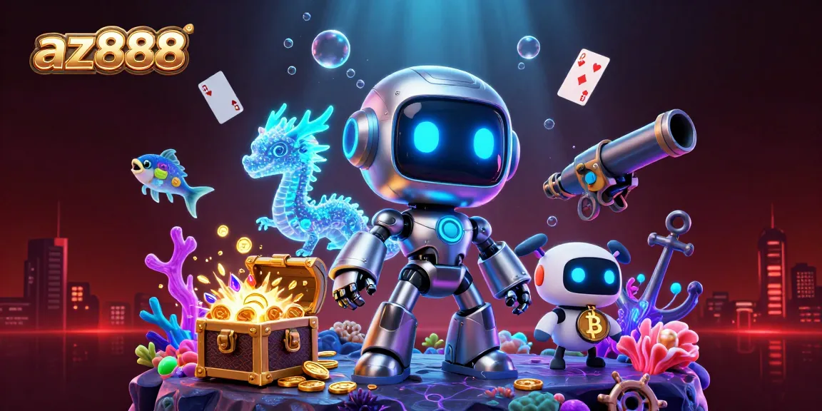 Experience az888 with a vibrant 3D casino scene showcasing a cyberpunk robot and gaming elements.