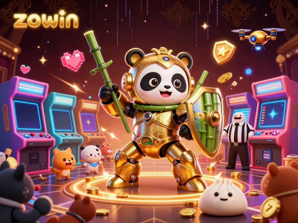 Experience the excitement of zowin with a vibrant 3D casino scene featuring characters and gaming elements.