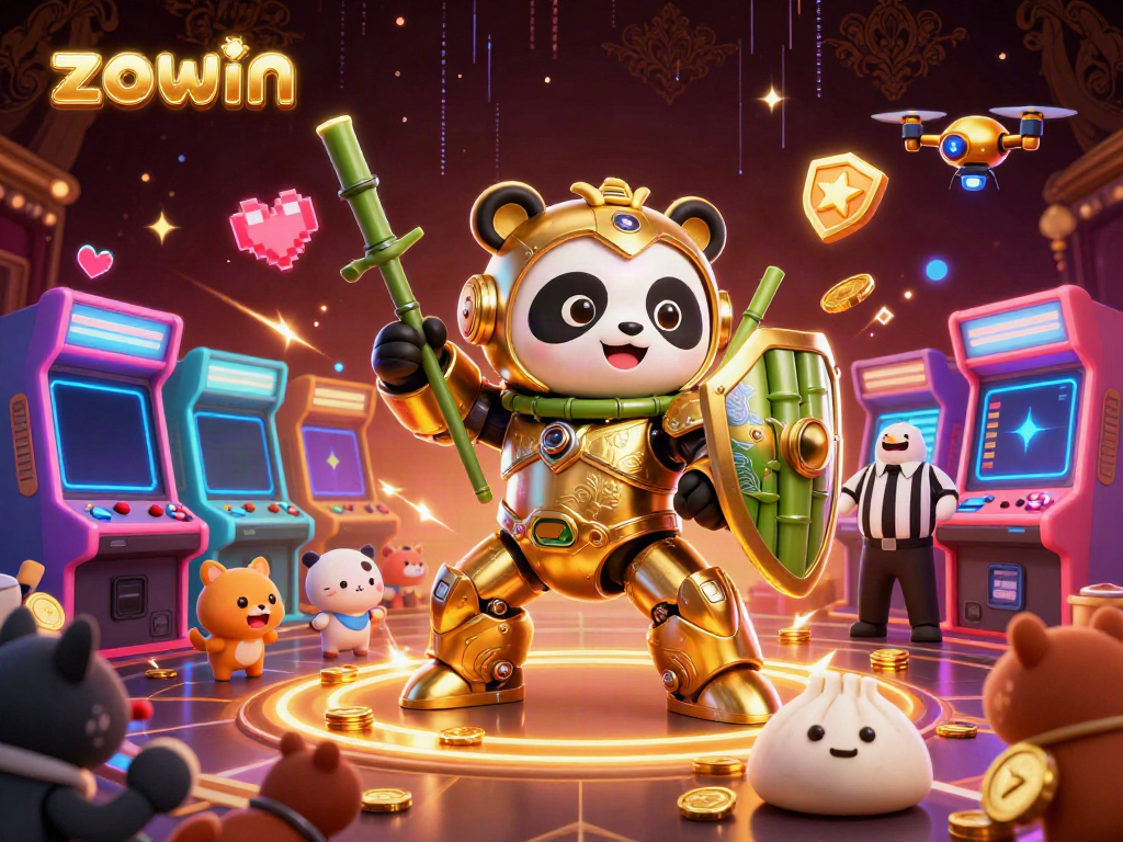 Experience the excitement of zowin with a vibrant 3D casino scene featuring characters and gaming elements.