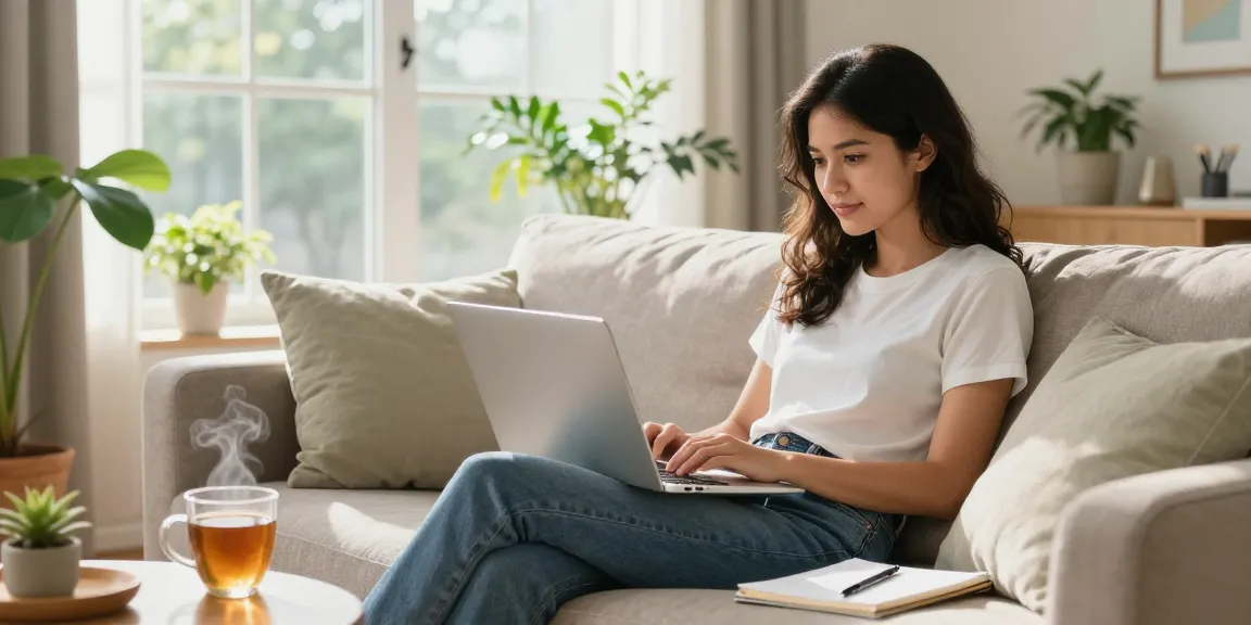 Young woman exploring RadCred installment loans ohio on her laptop in a cozy living room, emphasizing comfort and accessibility.