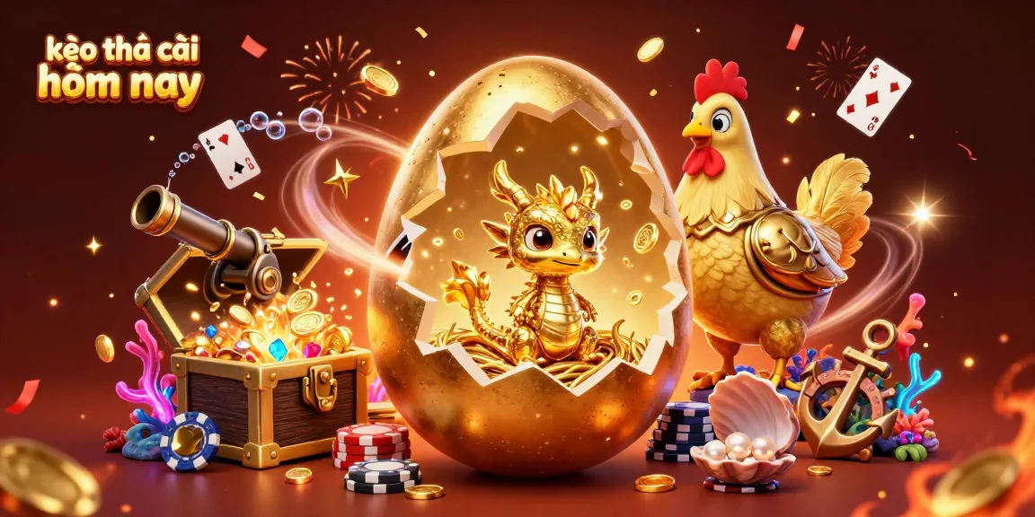 Celebrate kèo nhà cái hôm nay with a vibrant 3D illustration of golden treasures and playful casino elements.