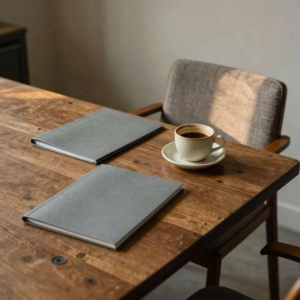 Empty mediation room table with folders, a chipped coffee cup and a pulled-back chair at sunset.