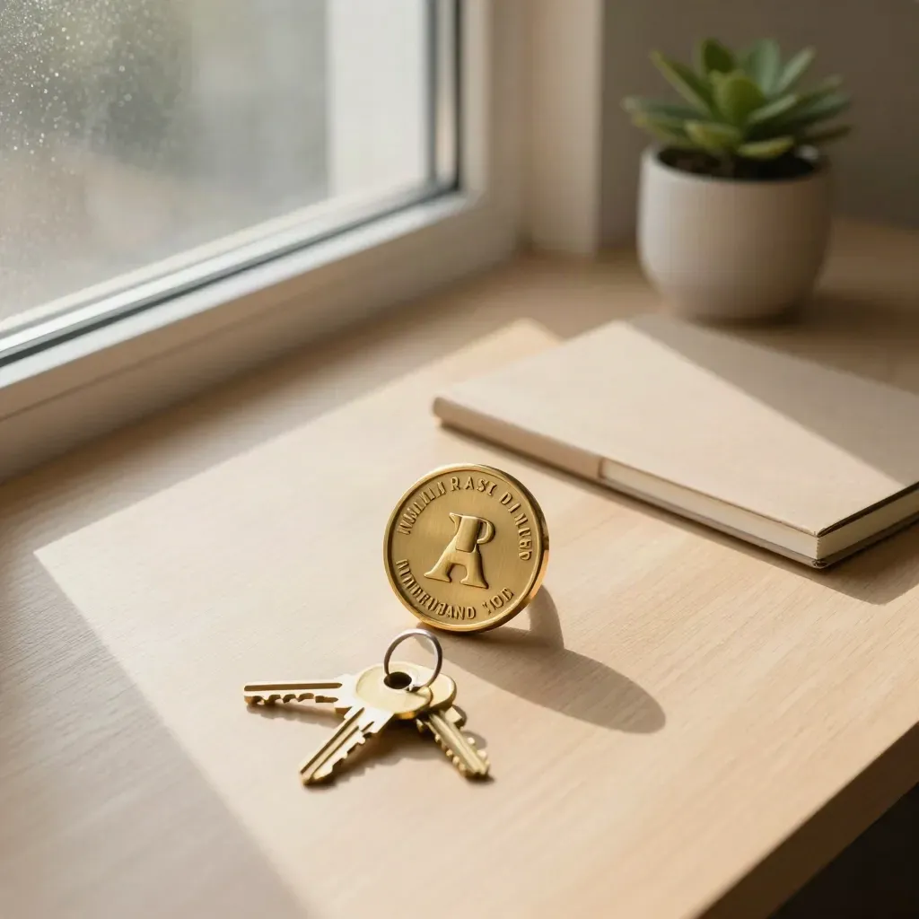 Startup desk with brass seal, keys, closed notebook and small plant by frosted window.