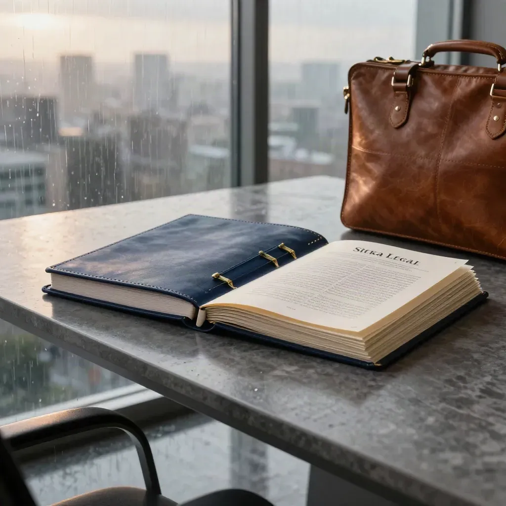 Legal binder, brass scales, briefcase and folders on a slate boardroom table in dawn rainlight.