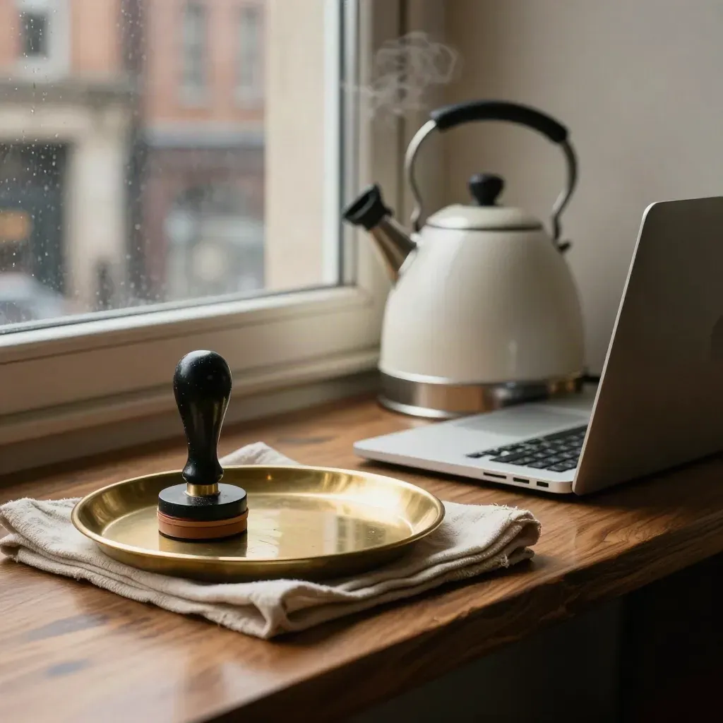 Legal setup corner with company seal, brass tray, linen cloth and closed laptop by a window.