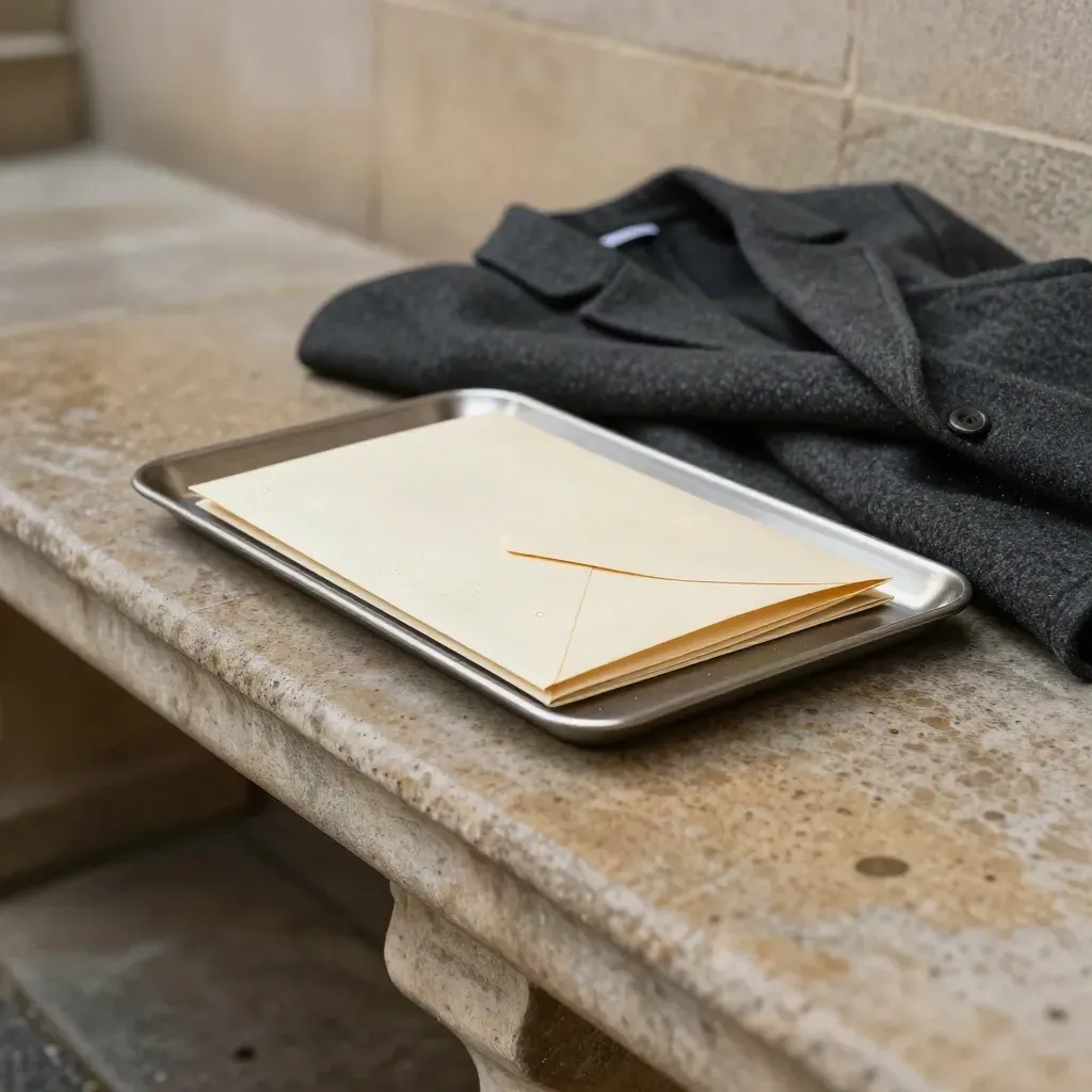 Stone bench with sealed file envelope, metal tray and blurred coat in rain mist.
