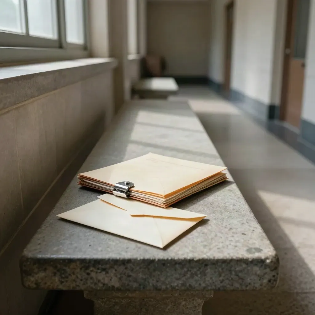 Courthouse corridor with evidence wallet and face-down notice envelope in cold window light.