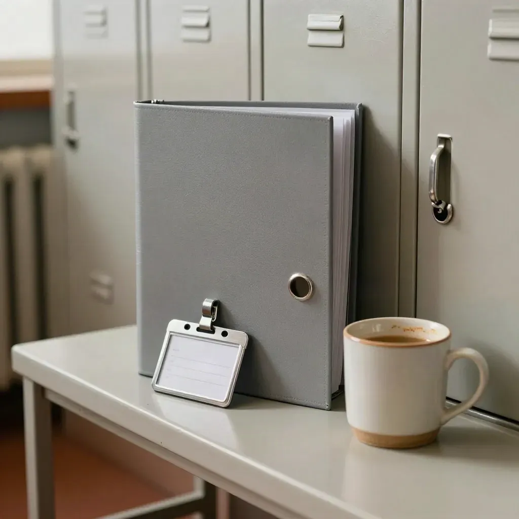 Closed policy binder, turned badge holder and mug resting on an office locker bench.