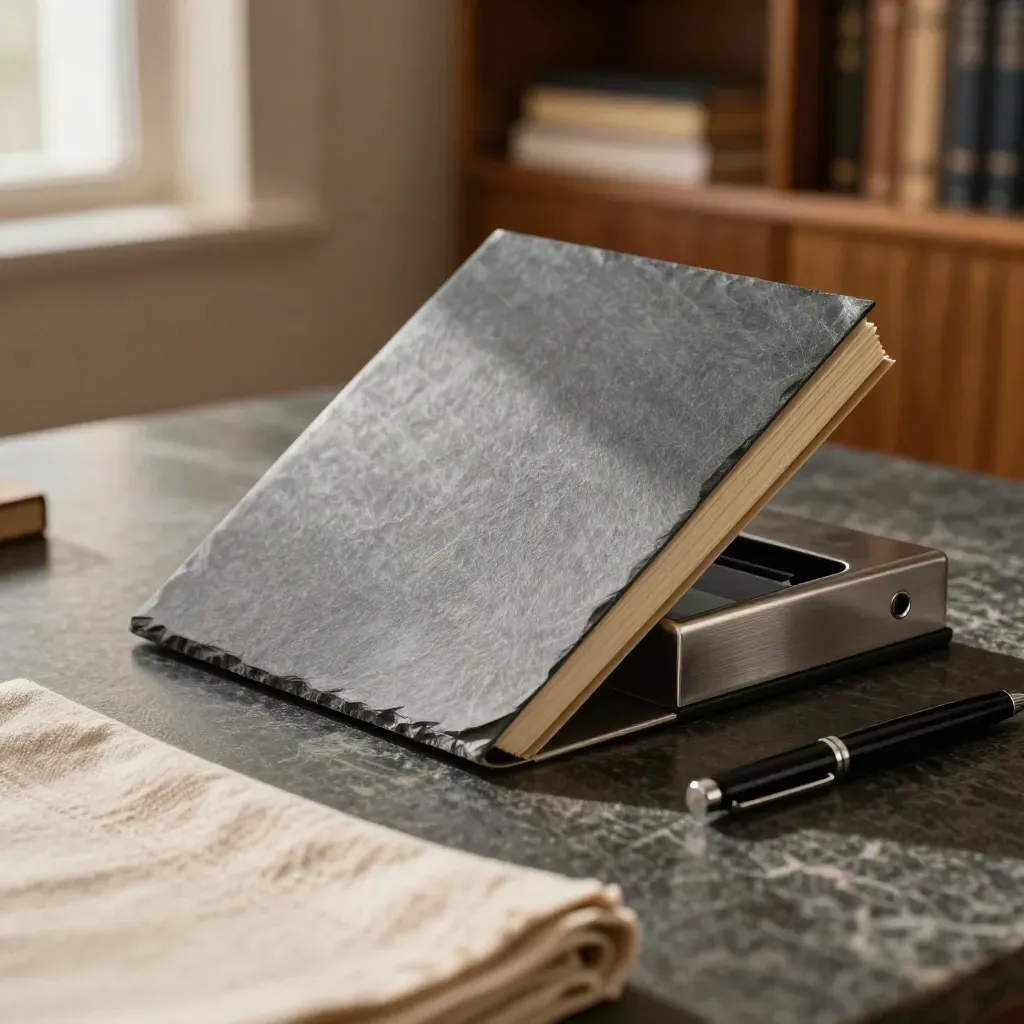 Legal folio with steel paperweight on stone table in warm window light.