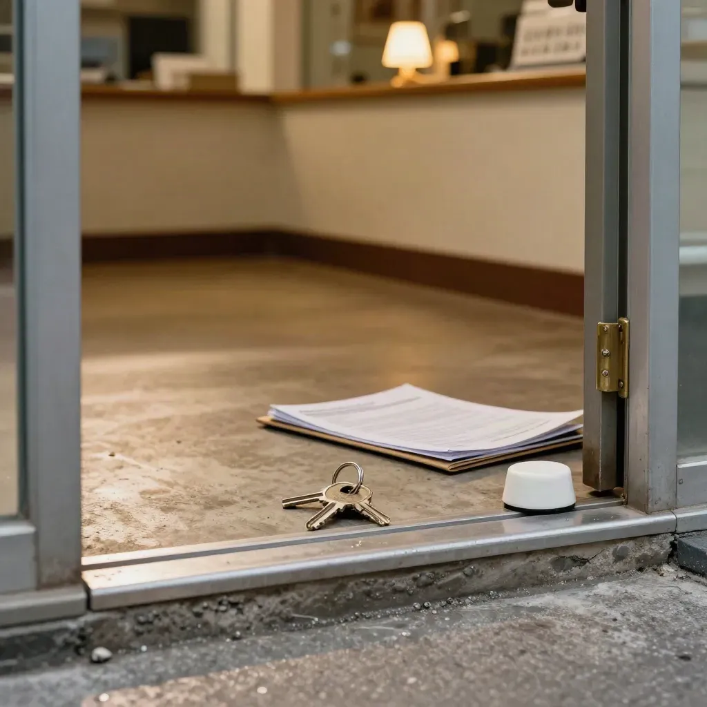 Empty retail threshold with keys, a white door stop, and a lease folder behind glass