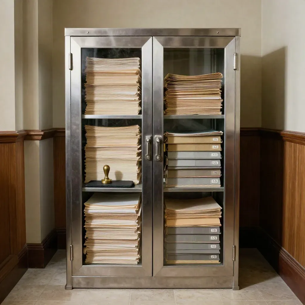 Locked compliance cabinet with folders, brass stamp and file tabs in moody legal archive light.