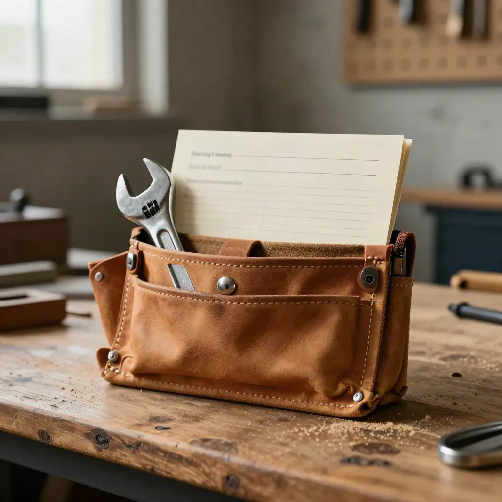 Workshop bench with contract pack, leather tool pouch and wrench in warm dusty light.