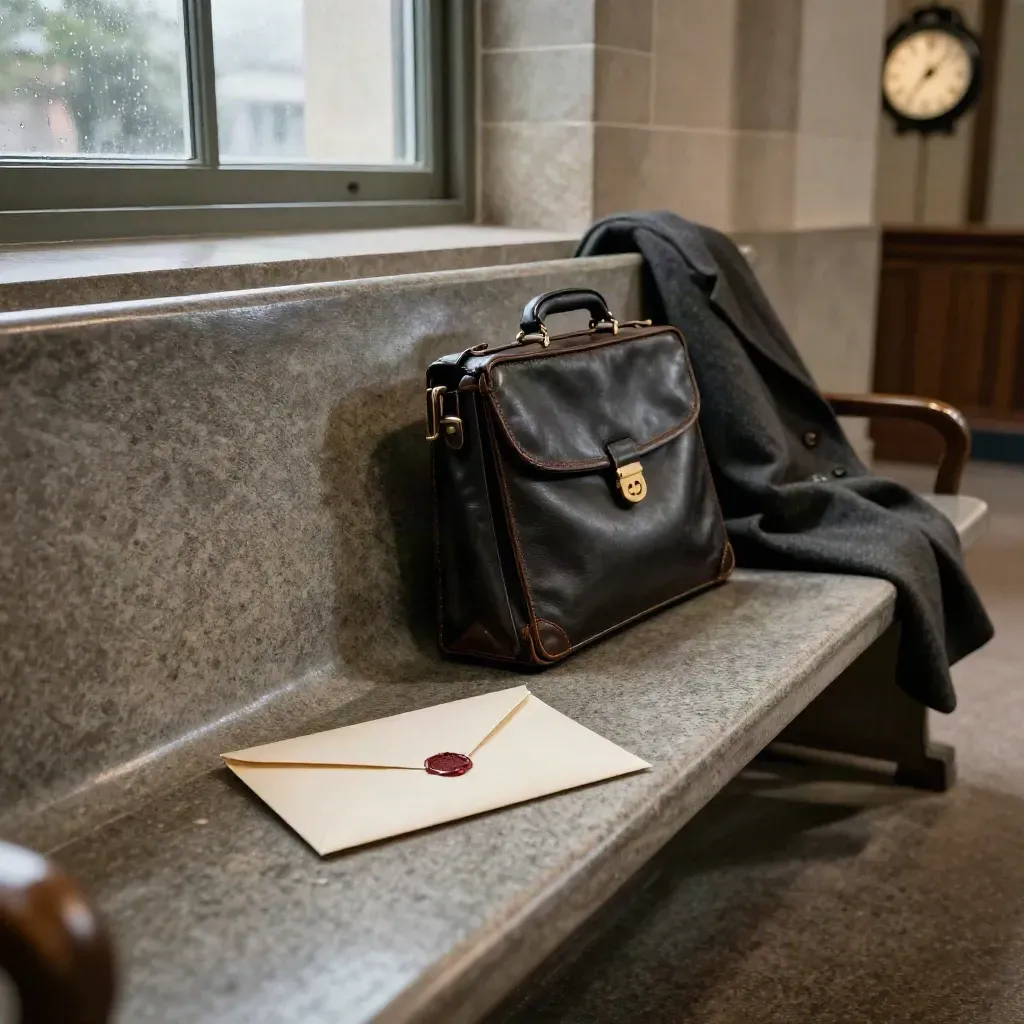 Courtroom bench with sealed envelope, briefcase and folded coat in soft window light.