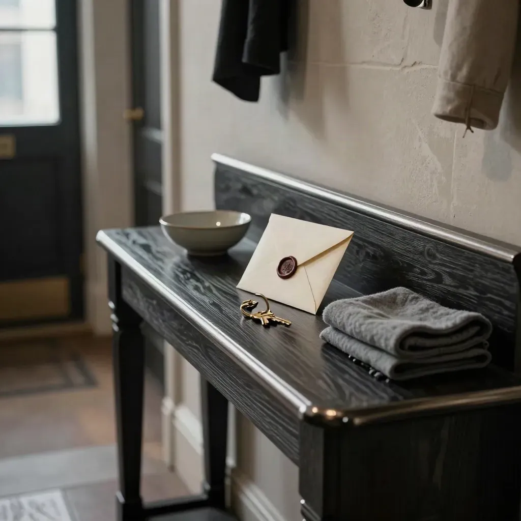 Townhouse hallway console with keys, wax-sealed envelope, ceramic bowl and folded scarf.