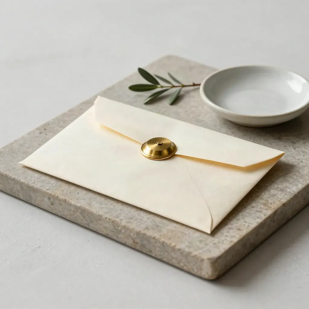 Evidence envelope with brass paperweight, dish, and sprig on a stone tray for disputes and claims.