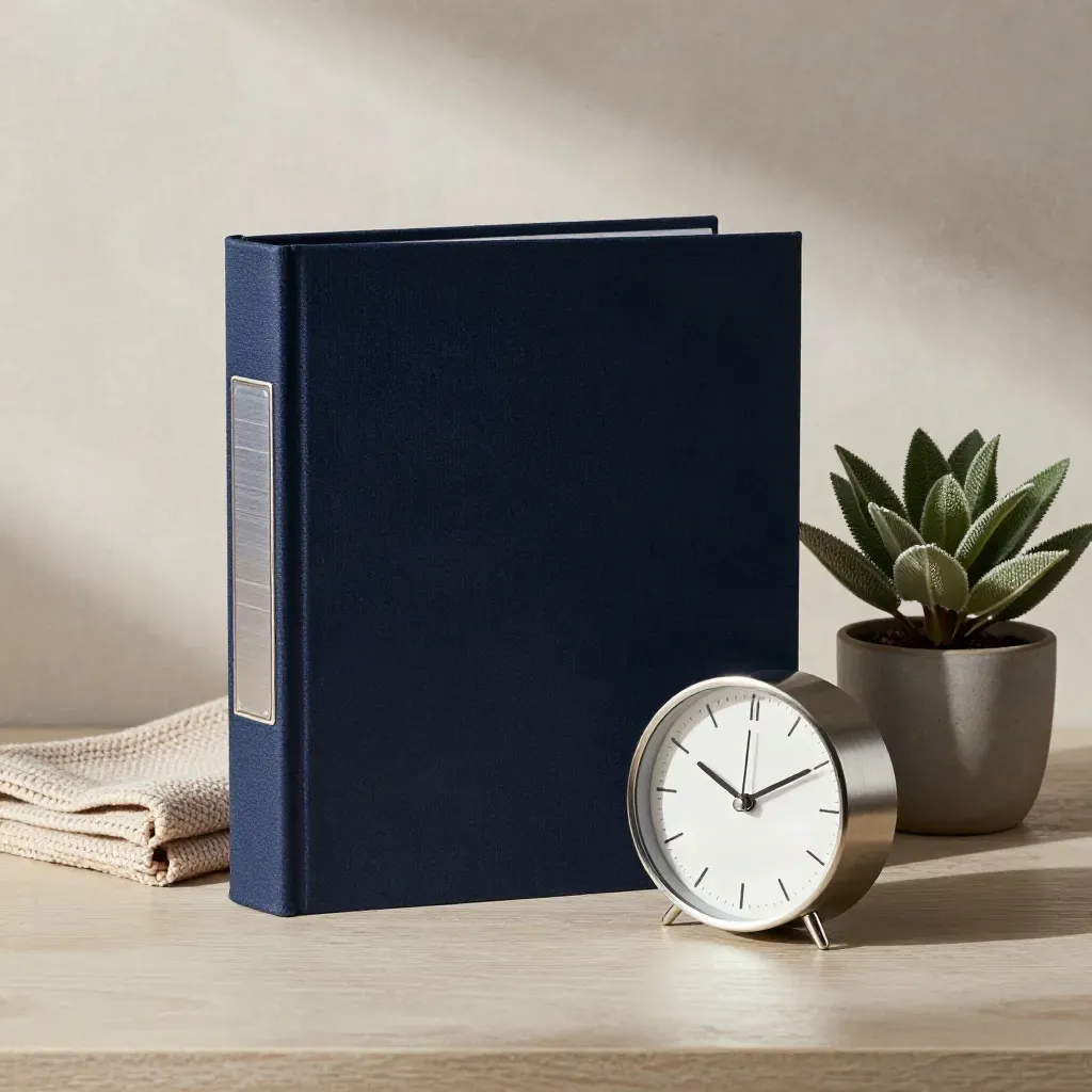 Navy policy binder with clock, knit cloth and small plant on pale wood