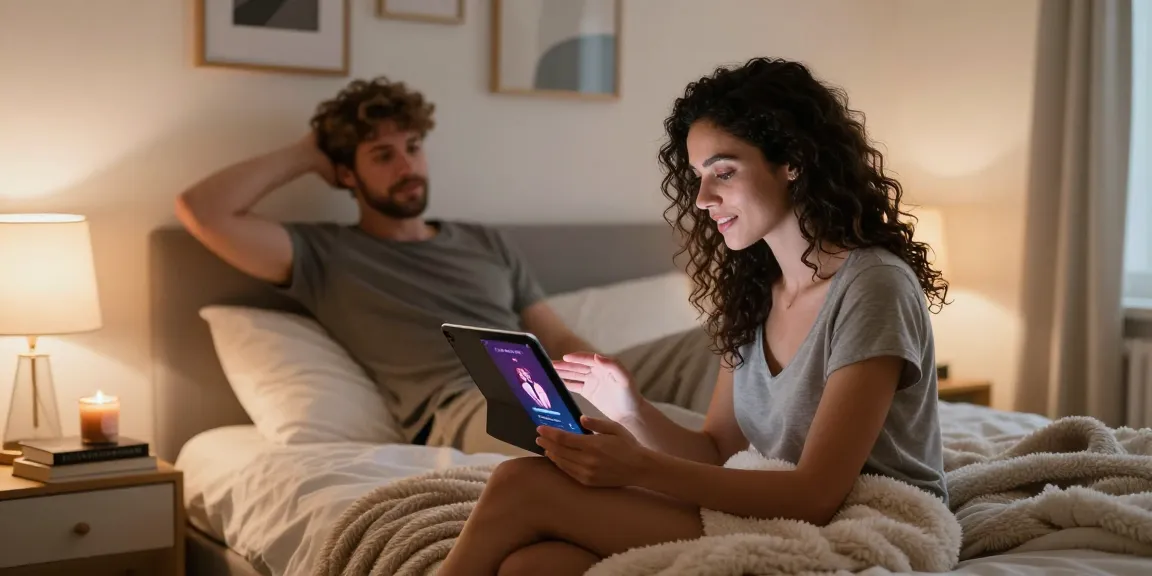Couple exploring sex AI technology together in a cozy bedroom setting.
