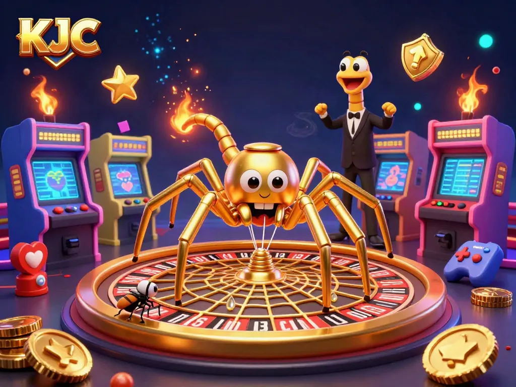 KJC-themed 3D illustration showcasing gambling excitement with a golden spider, fly, and centipede in a casino setting.