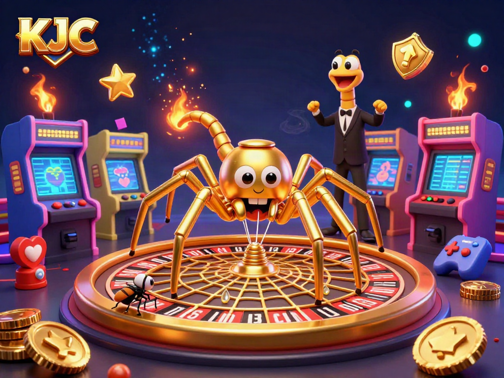 KJC-themed 3D illustration showcasing gambling excitement with a golden spider, fly, and centipede in a casino setting.