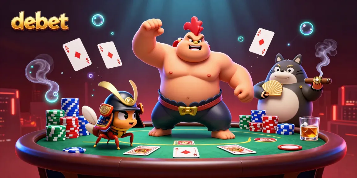 Engaging gaming scene with debet branding, featuring a sumo rooster and samurai cricket at a poker table.