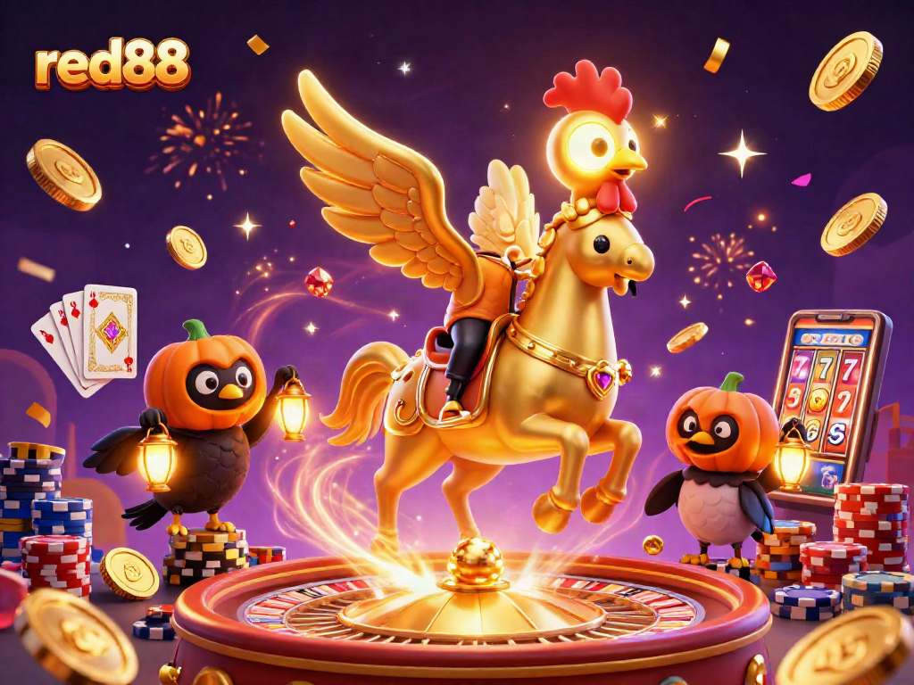 Experience the excitement of red88 casino with glowing symbols and vibrant games in this dynamic illustration.
