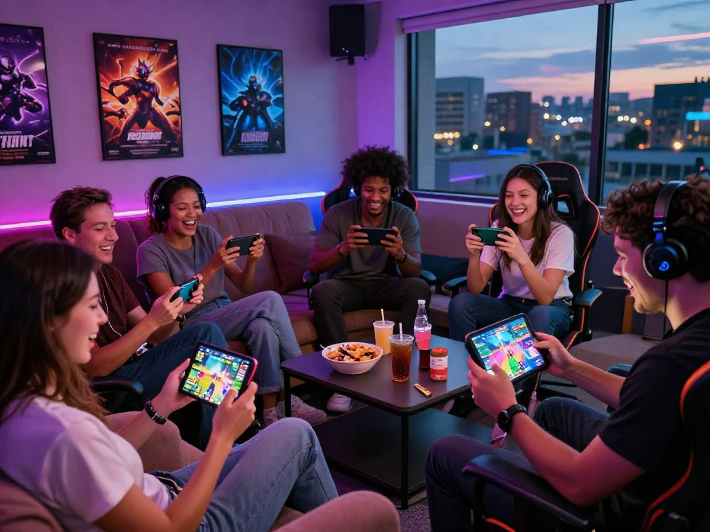 Group enjoying mobile porn games in a vibrant gaming lounge setting.