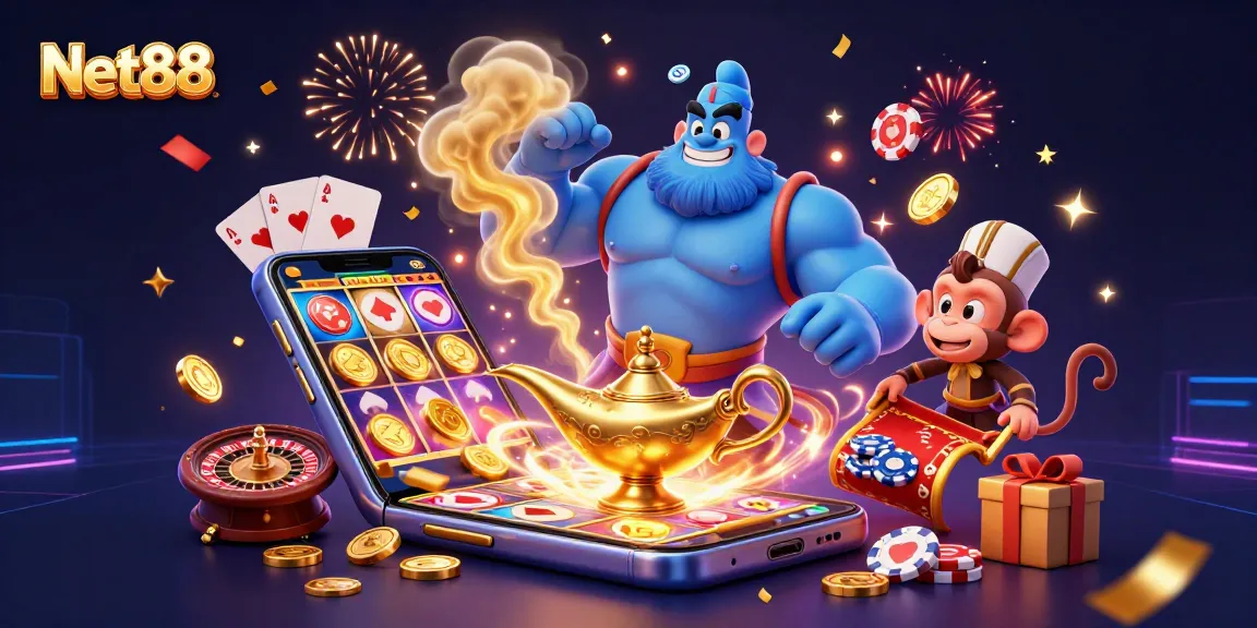 Experience the Net88 gaming magic with a genie, poker chips, and slot extravaganza.