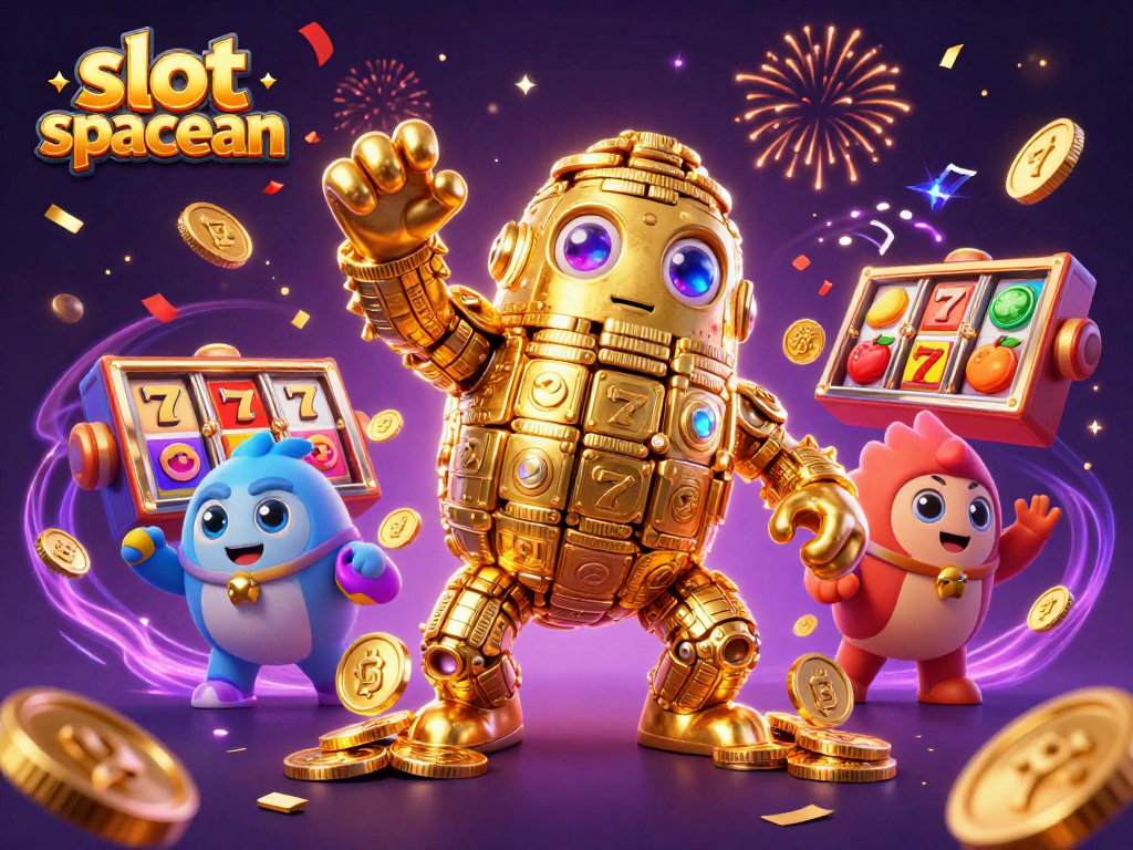 Spin to win with slot spaceman in a vibrant casino-themed illustration featuring gold and jackpots.