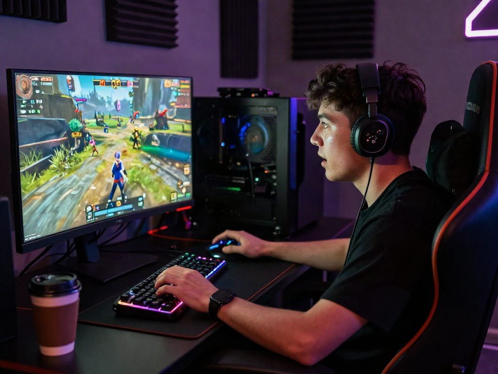 Engaged player at https://789win11.org/ enjoying immersive online gaming experience in stylish setup.