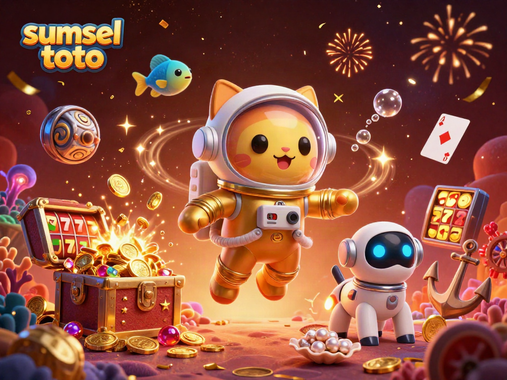 Join the fun at sumsel toto with a vibrant casino-themed 3D scene highlighting slots and winning energy.