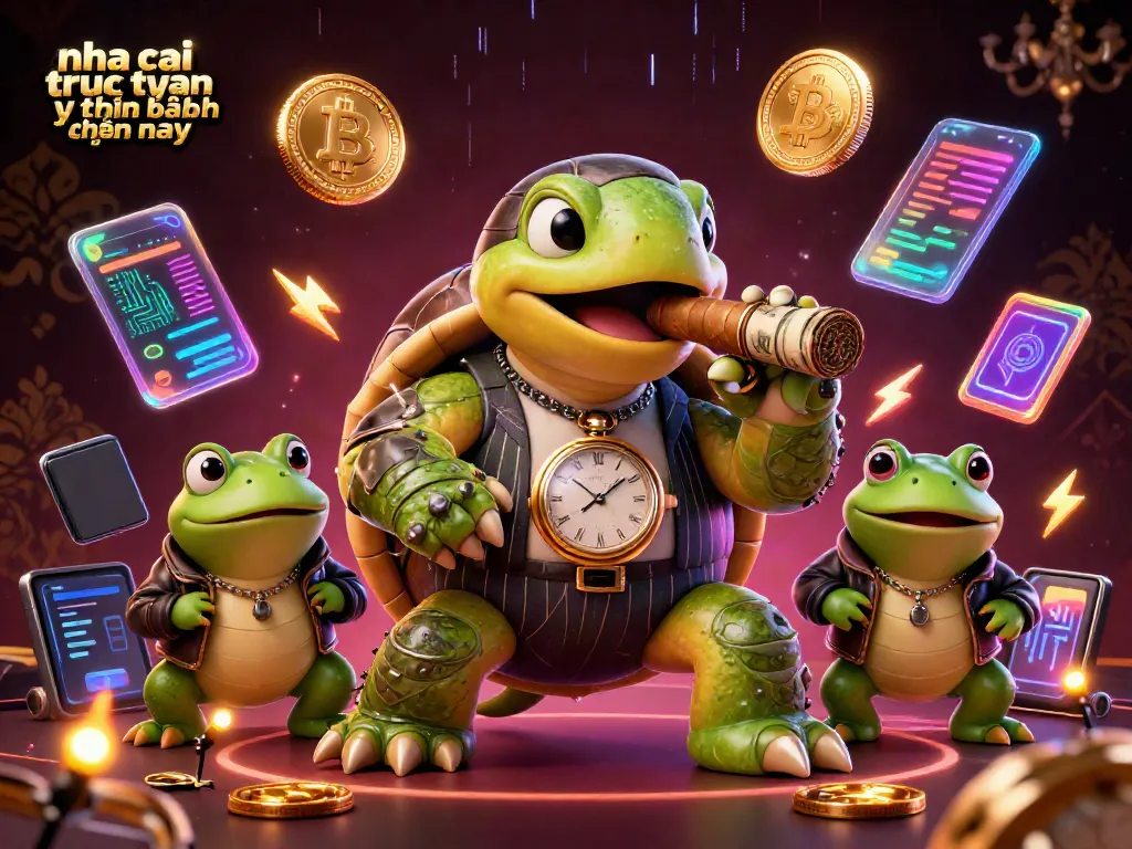 This vibrant illustration showcases the nhacaiuytin1 casino experience, featuring a massive snapping turtle and bullfrog enforcers amidst crypto elements.