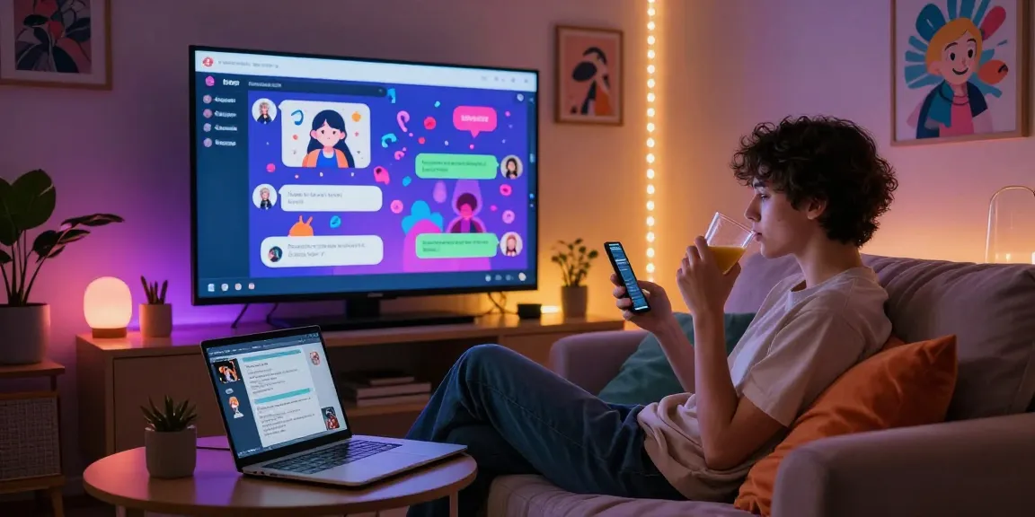 Engaging scene of a user enjoying ai nsfw chat on a cozy sofa with animated character avatars.