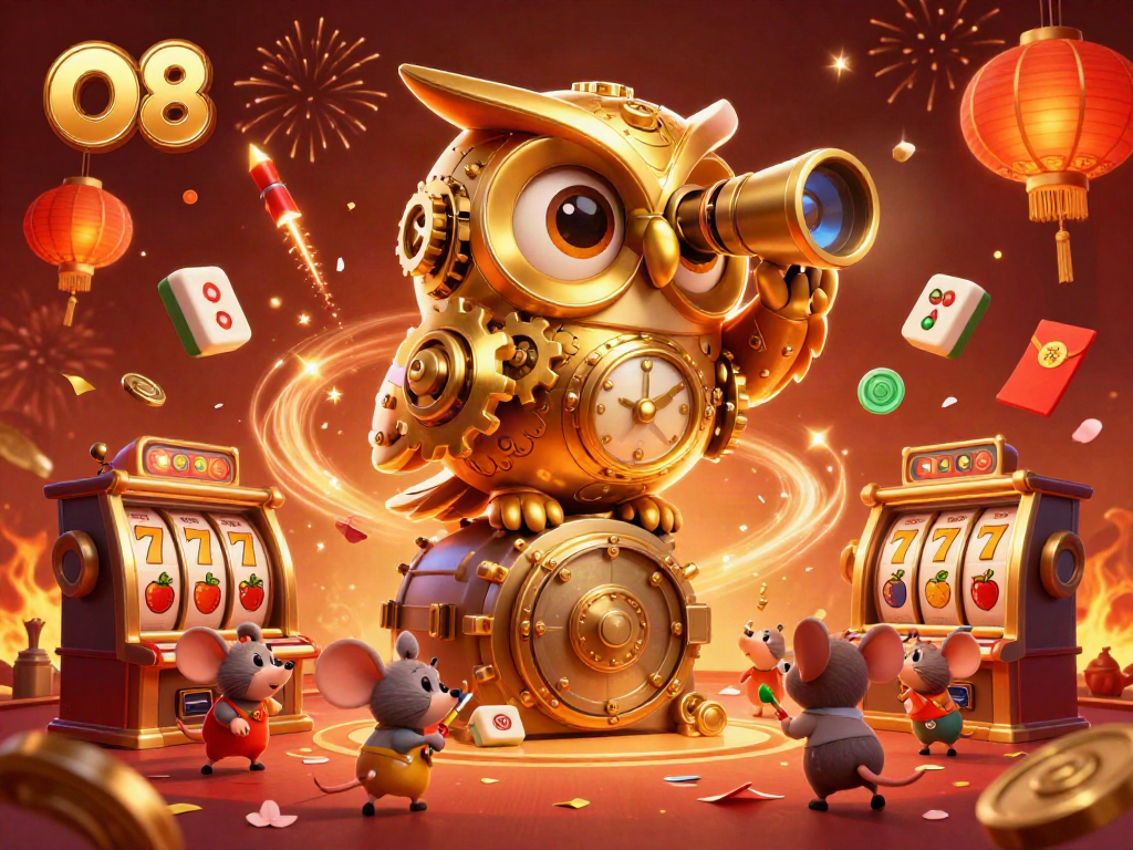 Experience the excitement of the O8 casino with a vibrant 3D scene featuring golden owl and lively action.